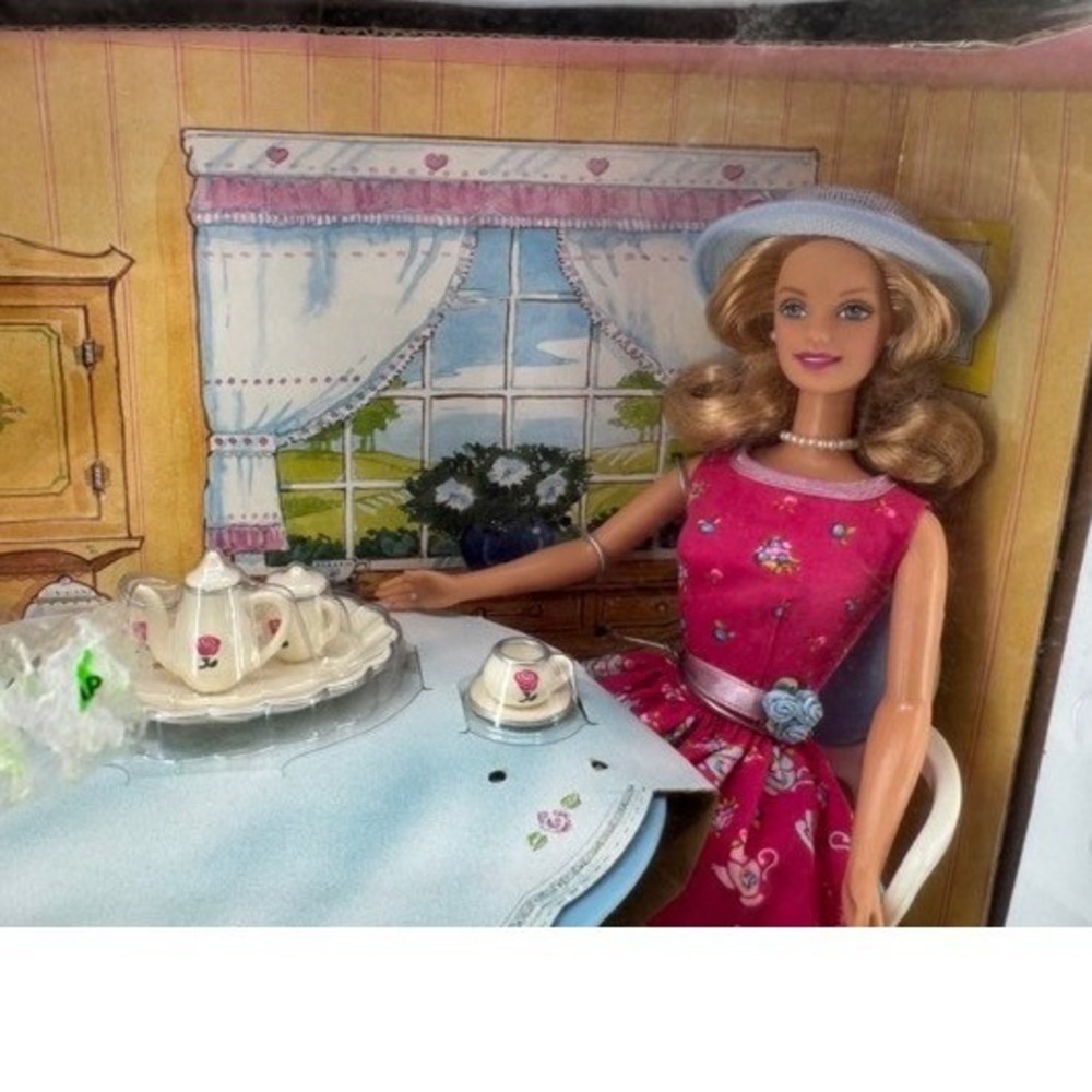 Vintage NEW Mattel Barbie Tea Time Gift Set Pink Floral Dress Bear Bunny - Picture 6 of 12